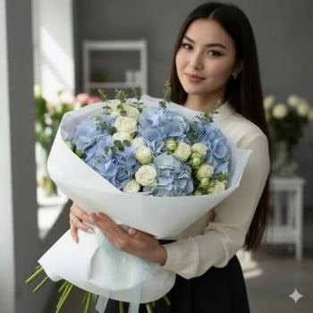 Букет из голубых гортензий итбелых роз