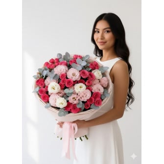 Букет из спрей роз, лизиантусов и эвкалипта